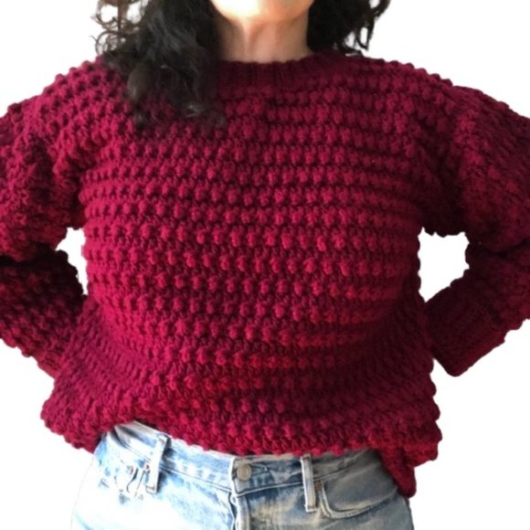 Vtg Hand Knit Bobble Pompom Popcorn Wool Sweater - Picture 4 of 16